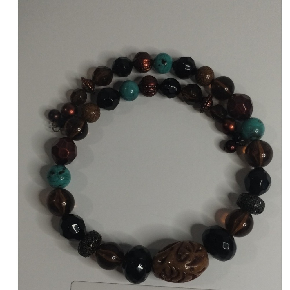 Boho Multi Strand Memory Wire Wrap‎ Bracelet Brown Turquoise Black Carved Rose
